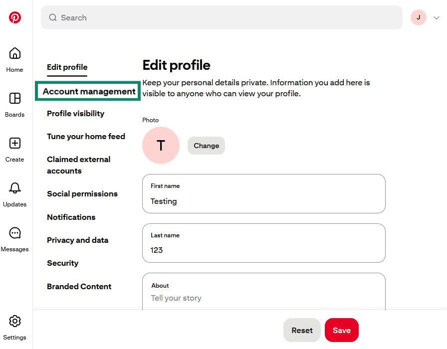 Pinterest settings with the Account management tab highlighted.