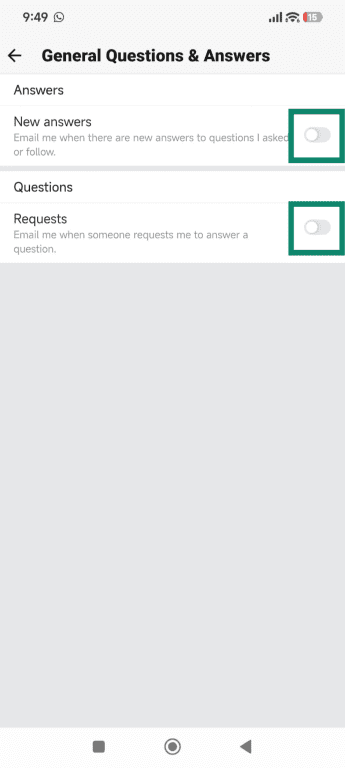 The Quora app General Questions and Answers settings for push notifications.