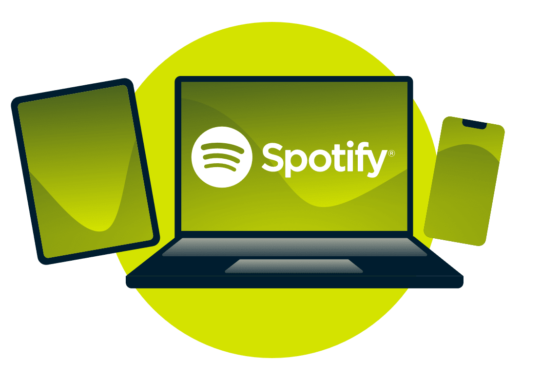 En bärbar dator, surfplatta och telefon med Spotify-logotypen.