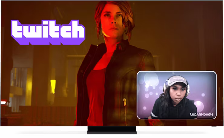 画面上のTwitchのロゴ、ゲーム、ストリーマー。
